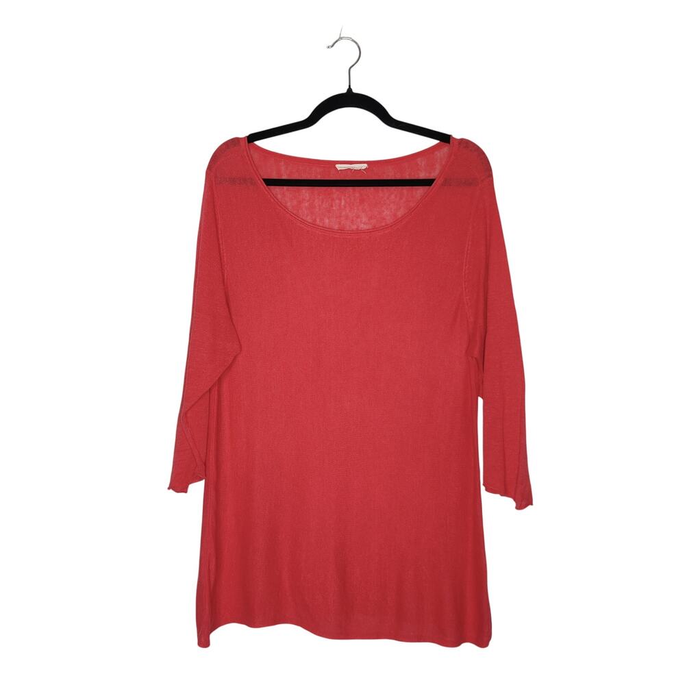 Eileen Fisher Organic Linen Open Knit 3/4 Sleeve Sweater Top Medium Coral Pink
